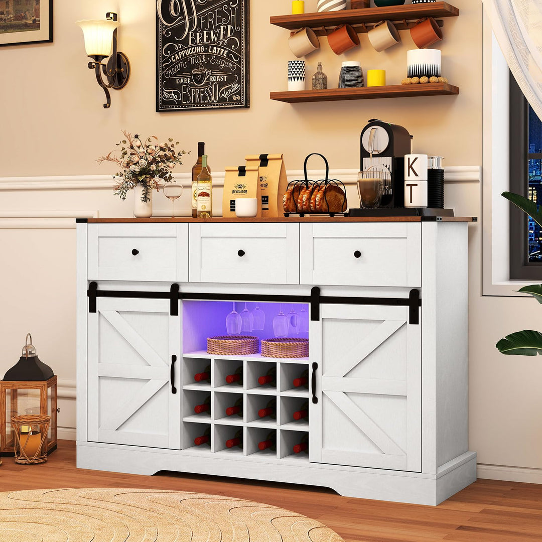 Giantex Wine Bar Cabinet with LED Lights 52" Buffet Sideboard w/Sliding Barn Door 3 Drawer