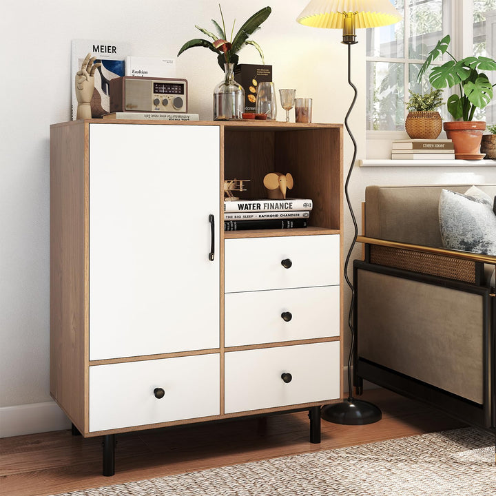 Giantex Storage Cabinet with 4 Drawers Door & Open Compartment, Metal Support Legs
