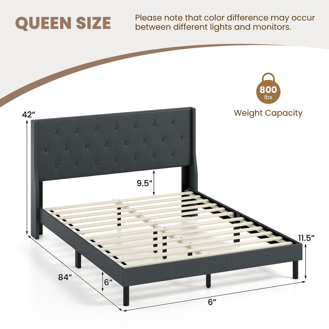 Giantex Queen Size Upholstered Bed Frame Linen Fabric Platform Bed with Button Tufted Wingback Headboard