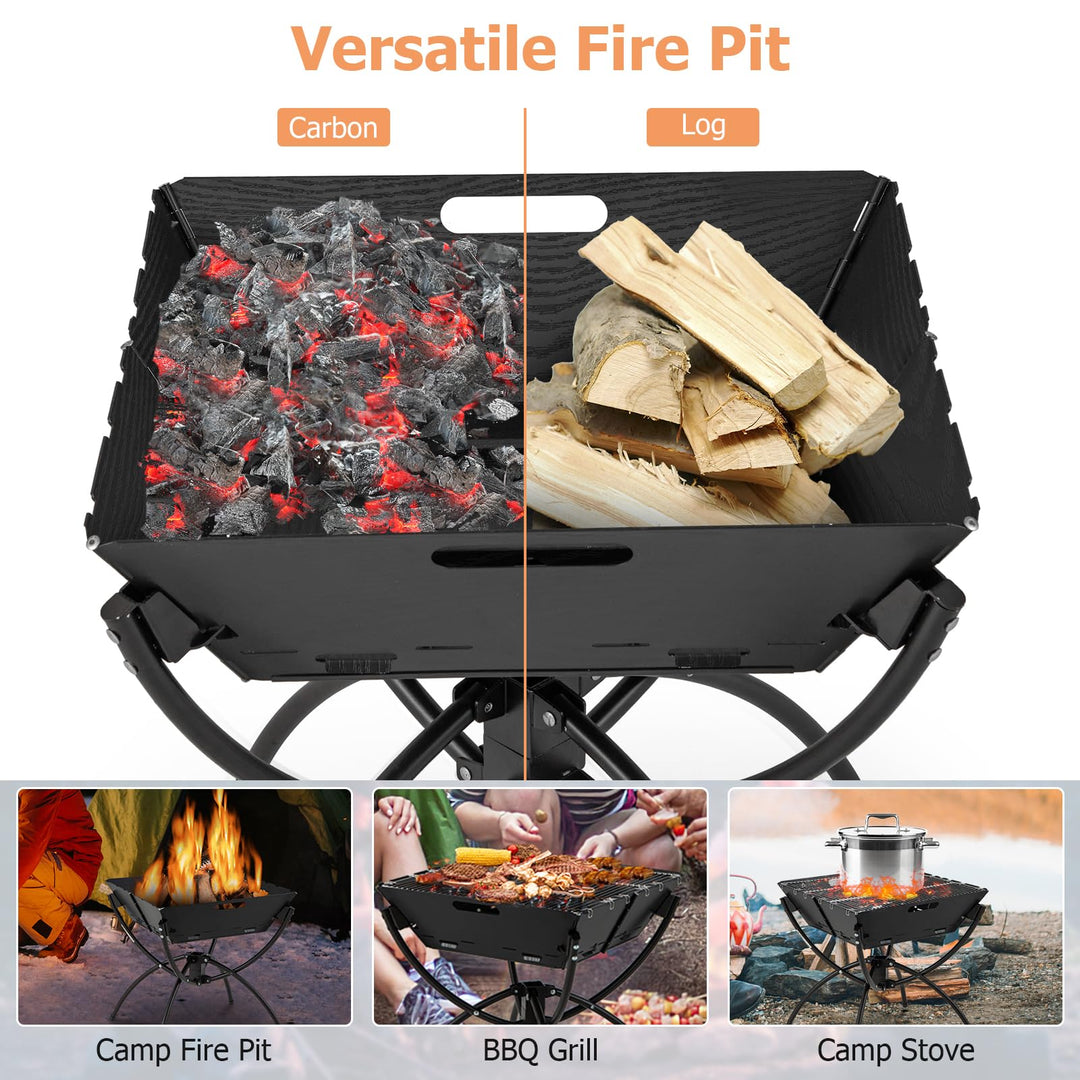 Giantex Folding Campfire Grill, Camping Fire Pit with Stainless Steel Grates, Collapsible Aluminum Legs, Carry Bag