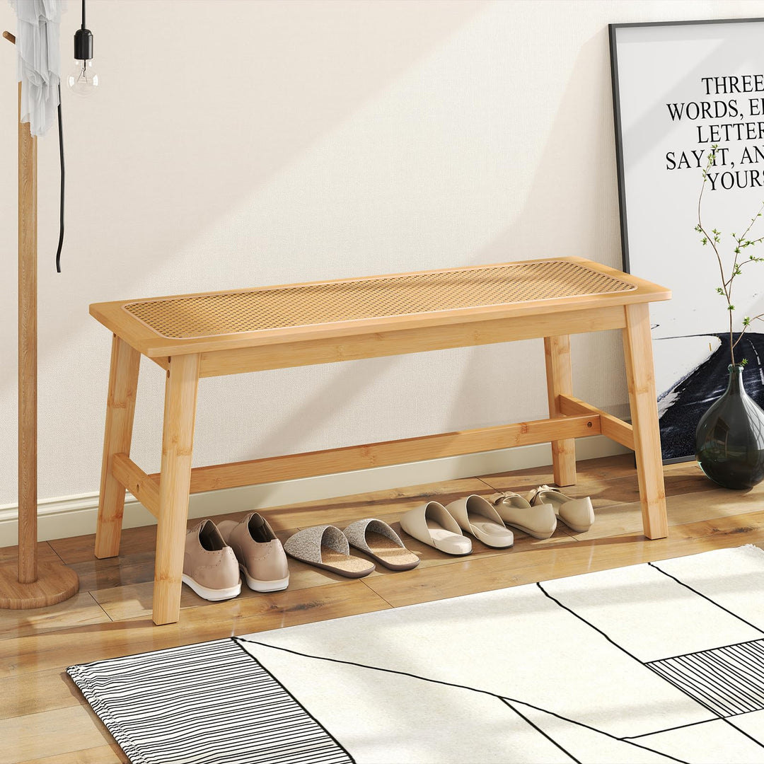 Giantex 39.5" Bamboo Dining Bench with Handwoven Rattan Seat