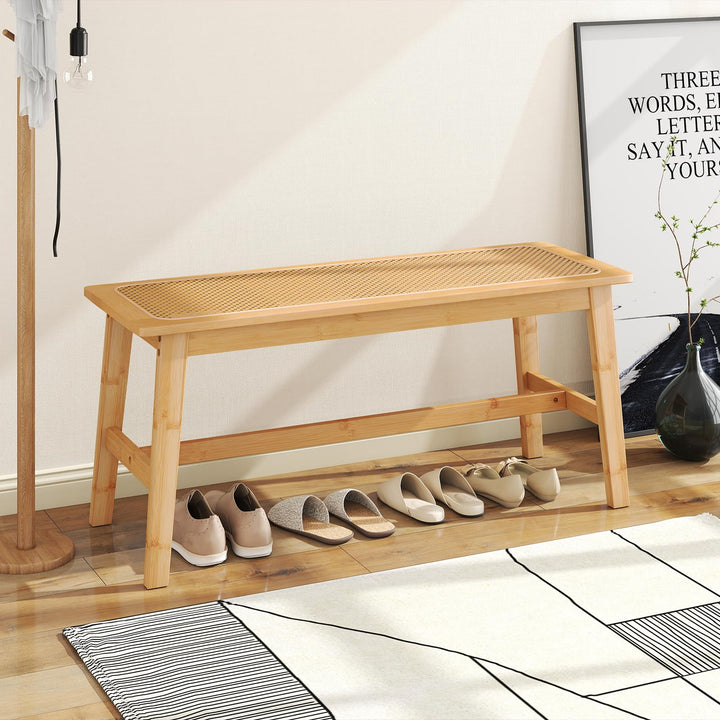 Giantex 39.5" Bamboo Dining Bench with Handwoven Rattan Seat