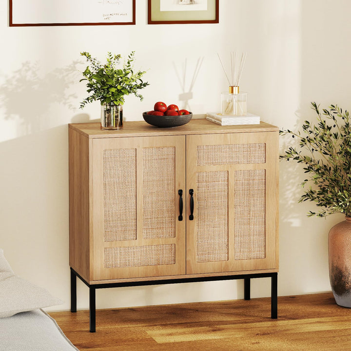 Giantex Sideboard Cabinet Boho Rattan Buffet Cabinet with Storage Adjustable Shelves 2 Doors