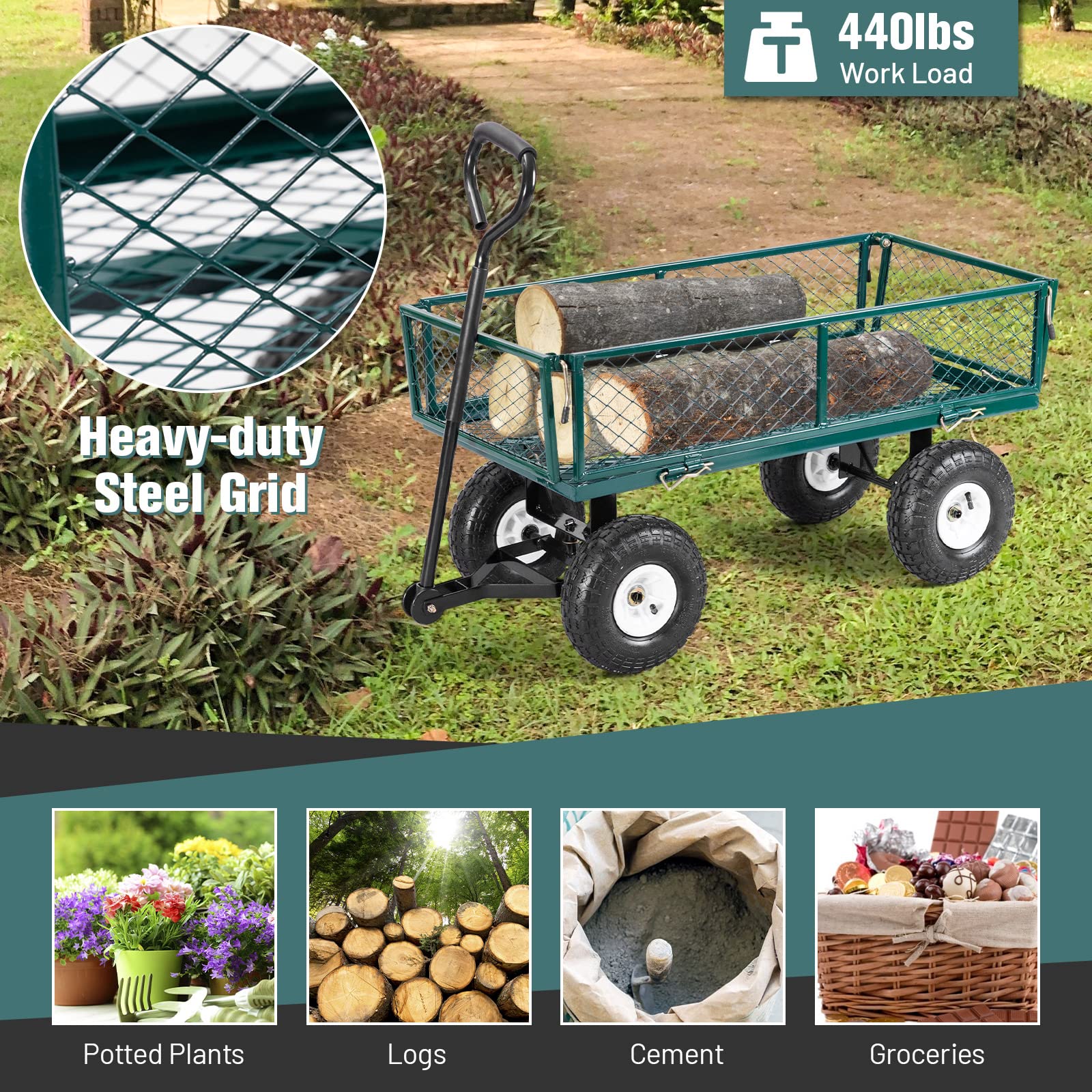 Garden Utility Cart with Steel Frame and Padded Handle Removable Sides
