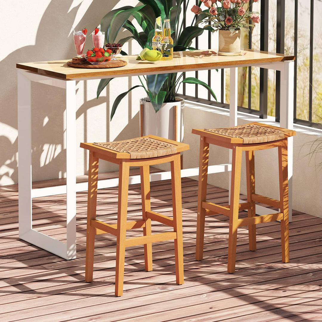 Giantex Outdoor Wooden 29" Bar Stools Set of 2/4 Backless Patio Barstools with PE Rattan Saddle Seat & Footrest