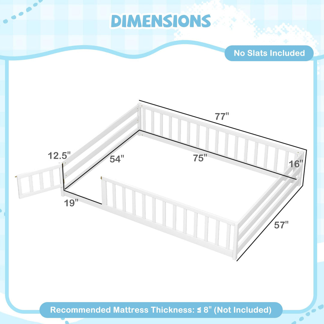 Giantex Floor Bed with Door & Fence Kids Wood Montessori Beds with Safety Guardrails