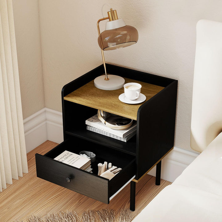 Giantex Wood Night Stand with Drawer - Mid Century Modern Bedside Table