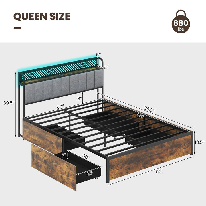 Giantex LED Bed Frame with Charging Station, Metal Platform Bed with Upholstered Headboard & 4 Storage Drawers