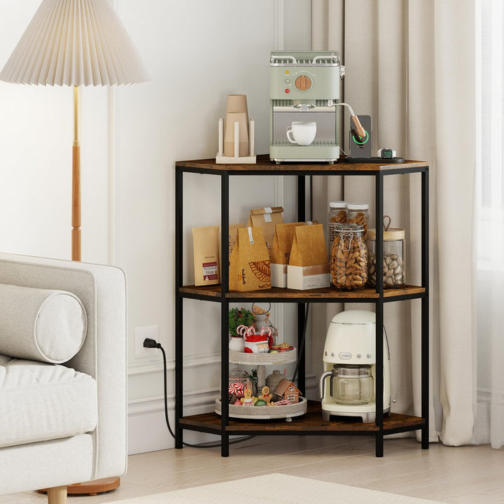 Giantex Corner Printer Stand 3-Tier Corner Shelf with Charging Station and Metal Frame