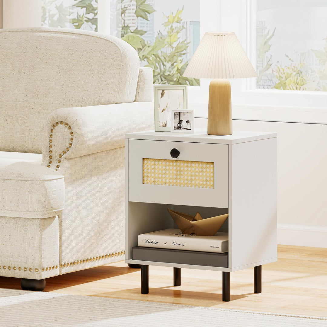 Giantex Rattan Nightstand Boho End Table with Rattan Drawer and Open Shelf