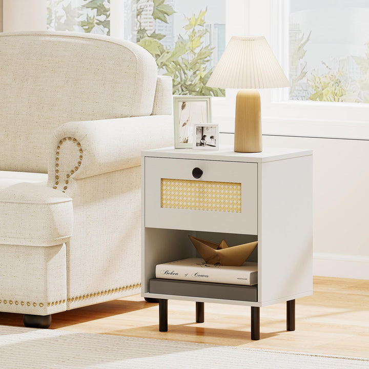 Giantex Rattan Nightstand Boho End Table with Rattan Drawer and Open Shelf