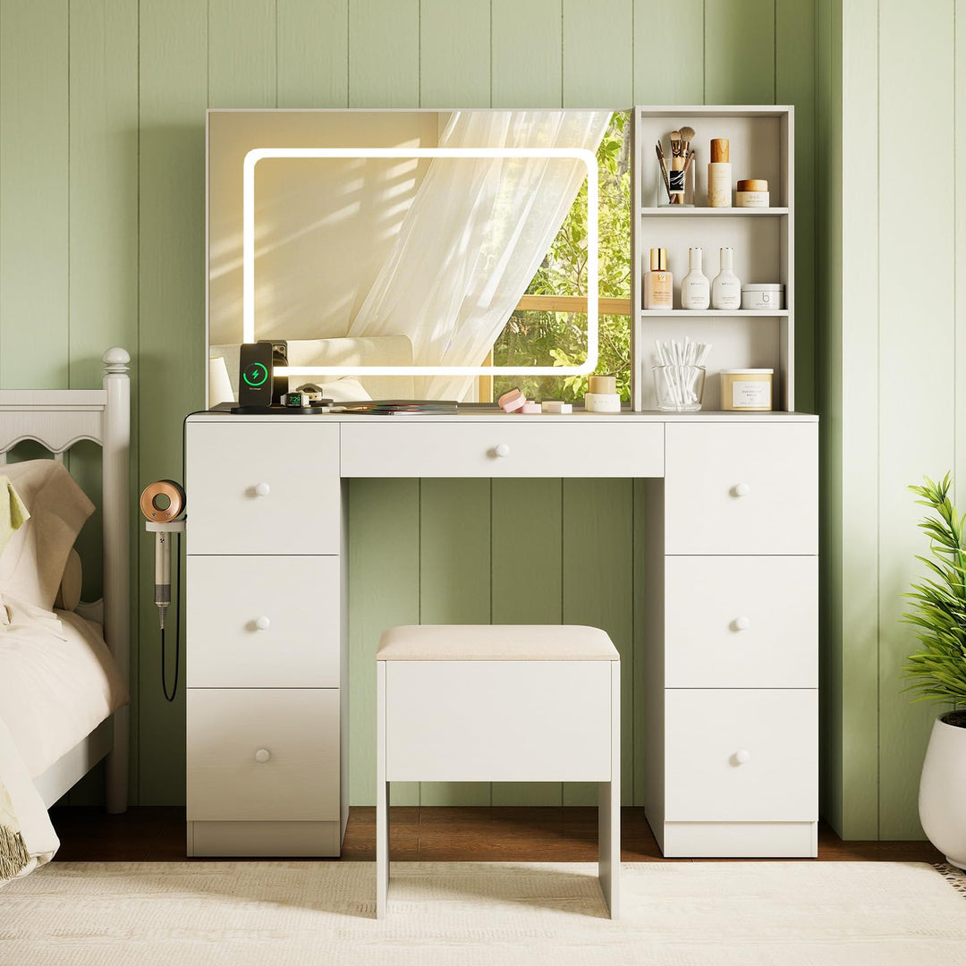 Giantex Large Vanity Desk with Lighted Mirror 46in White Makeup Table with 7 Drawers Charging Station
