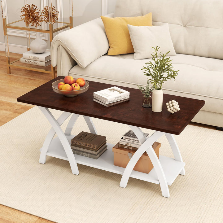 40 Inch Farmhouse Wooden 2-Tier Coffee Table with Storage Shelf for Living Room