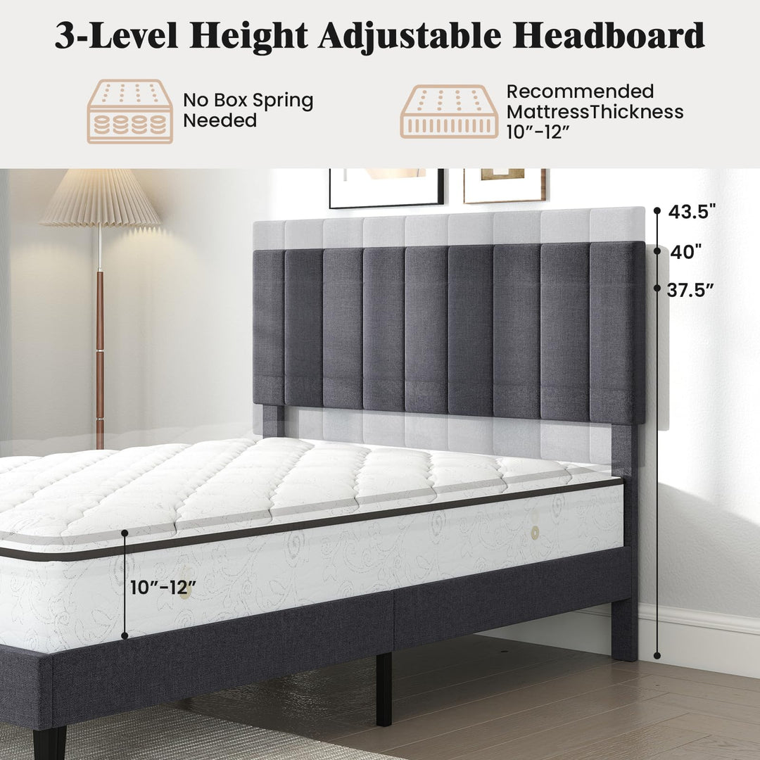 Giantex Upholstered Bed Frame Platform Bed with Height Adjustable Vertical Channel Headboard