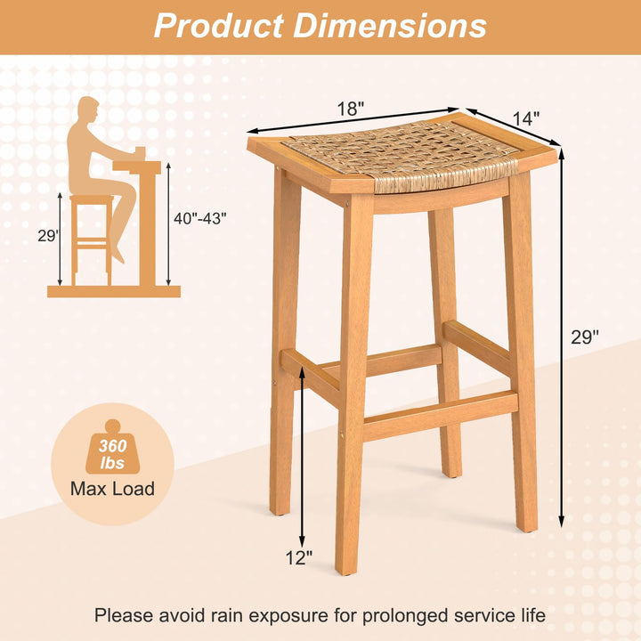 Giantex Outdoor Wooden 29" Bar Stools Set of 2/4 Backless Patio Barstools with PE Rattan Saddle Seat & Footrest