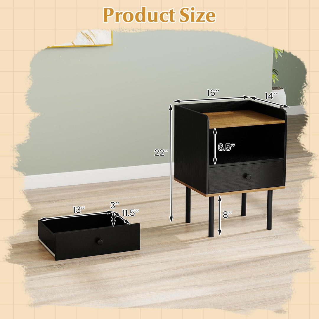 Giantex Wood Night Stand with Drawer - Mid Century Modern Bedside Table