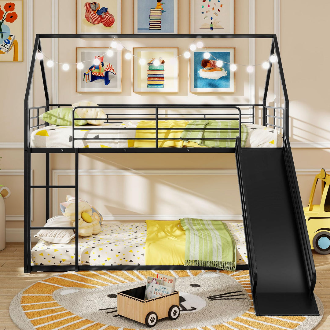 Giantex Twin Over Twin Bunk Bed with Slide & Ladder House-Shaped Metal Bunk Bed Frame with Safety Guardrail & Roof