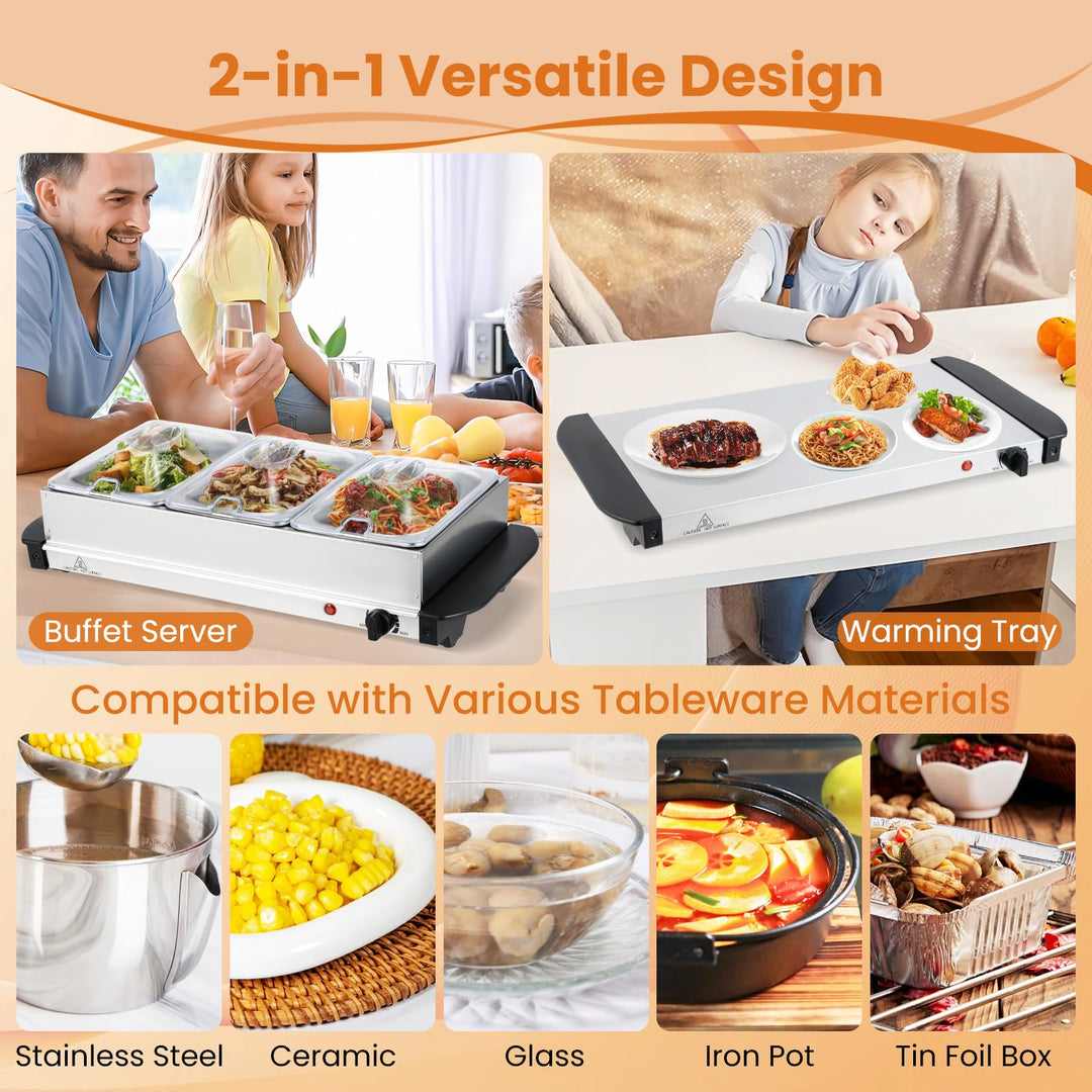 Giantex Electric Buffet Server & Warming Tray 3 Stainless Steel Pans with Lids