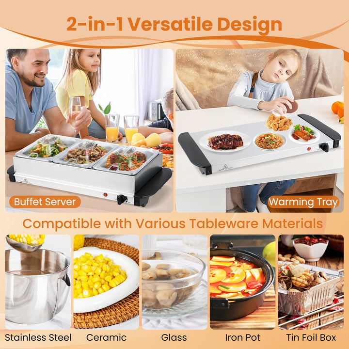 Giantex Electric Buffet Server & Warming Tray 3 Stainless Steel Pans with Lids