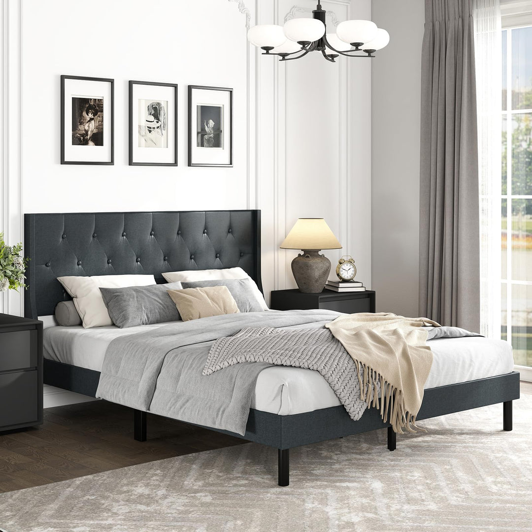 Giantex Queen Size Upholstered Bed Frame Linen Fabric Platform Bed with Button Tufted Wingback Headboard
