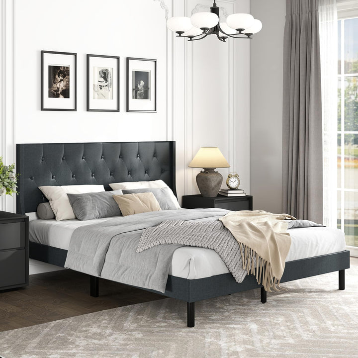 Giantex Queen Size Upholstered Bed Frame Linen Fabric Platform Bed with Button Tufted Wingback Headboard