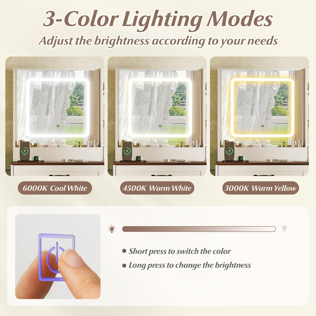 CHARMAID Glass Top Vanity Desk with Lighted Mirror Storage Stool & Drawers