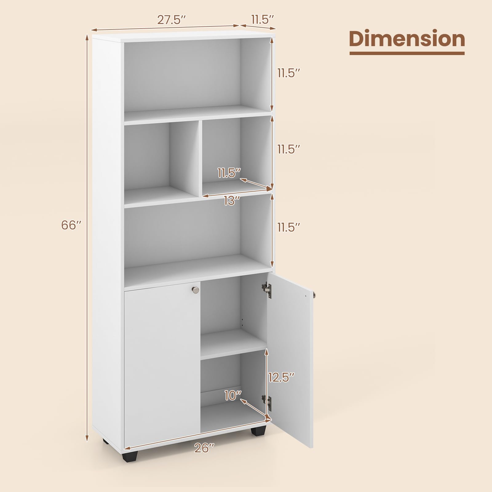 Giantex 66" Tall Bookcase with Doors, Wooden Bookshelf with Adjustable Shelf and 4 Storage Cubes