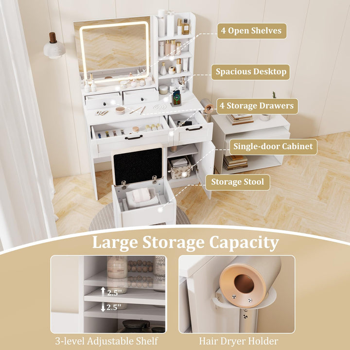 CHARMAID Vanity Desk with Lighted Mirror with Charging Station Storage Stool Drawers Shelves & Cabinet