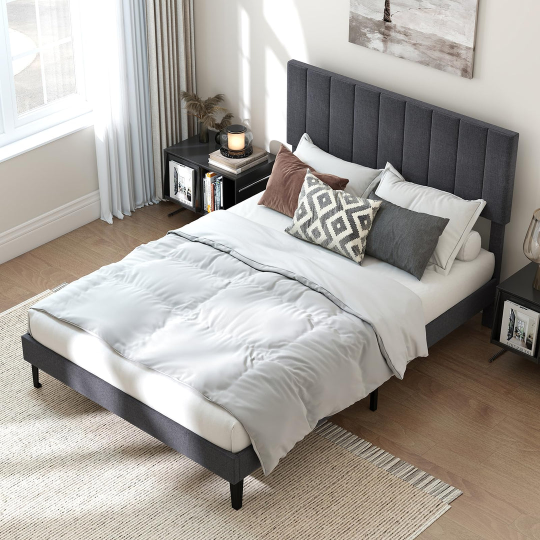 Giantex Upholstered Bed Frame Platform Bed with Height Adjustable Vertical Channel Headboard
