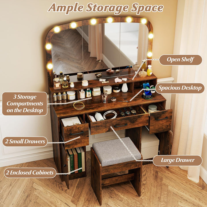 Giantex Vanity Desk Makeup Table with Stool 3-Color Lights and Charging Station