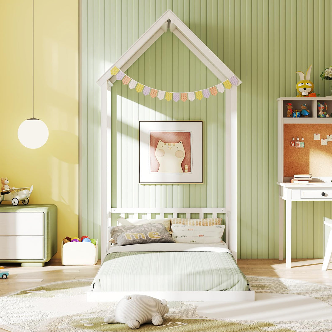 Giantex Twin Size House Bed Montessori Floor Bed with House Shape Roof & Semi-Fence
