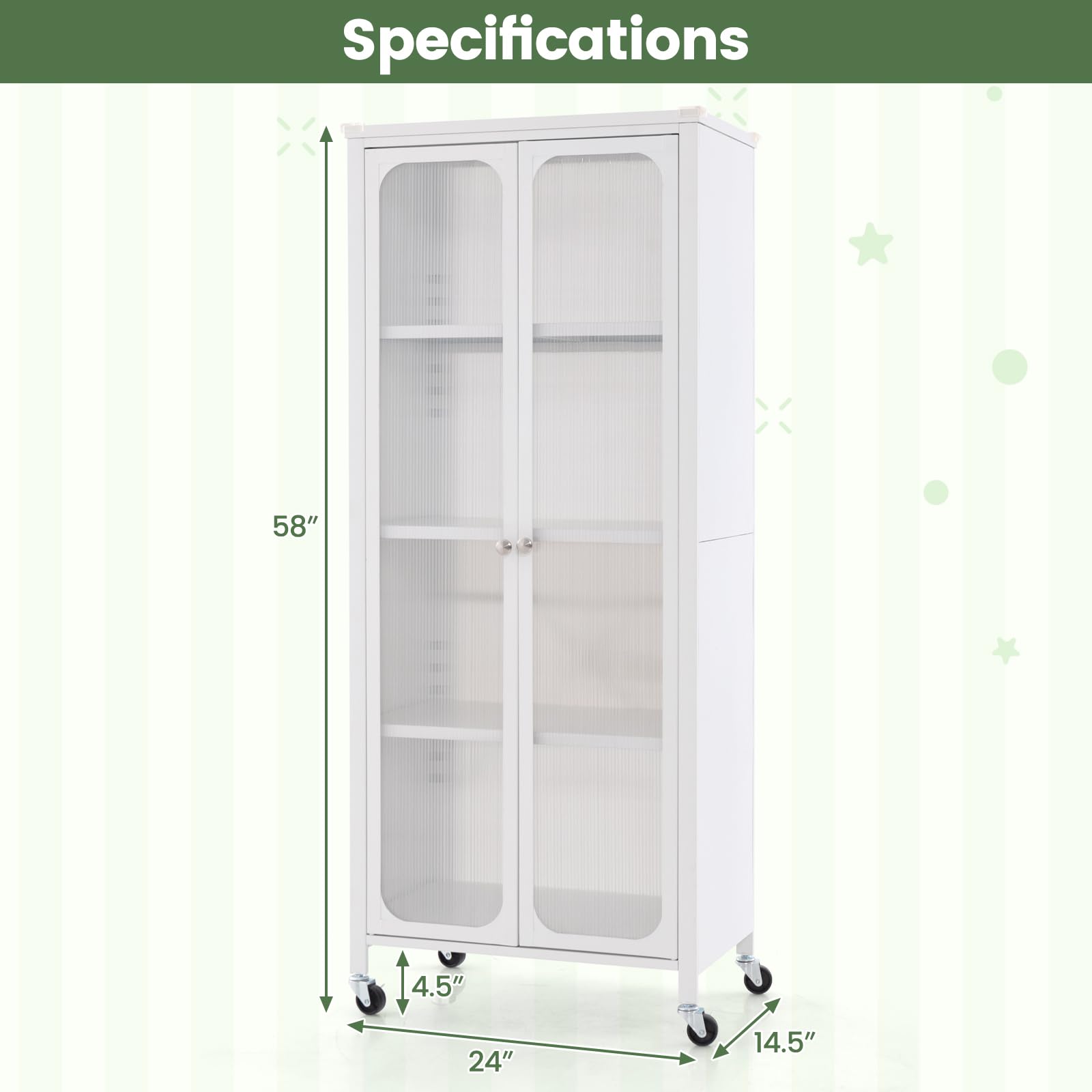 Giantex Bookcase with Doors, 58" Tall 4-Tier Bookshelf with Wheels, Adjustable Shelves (White)
