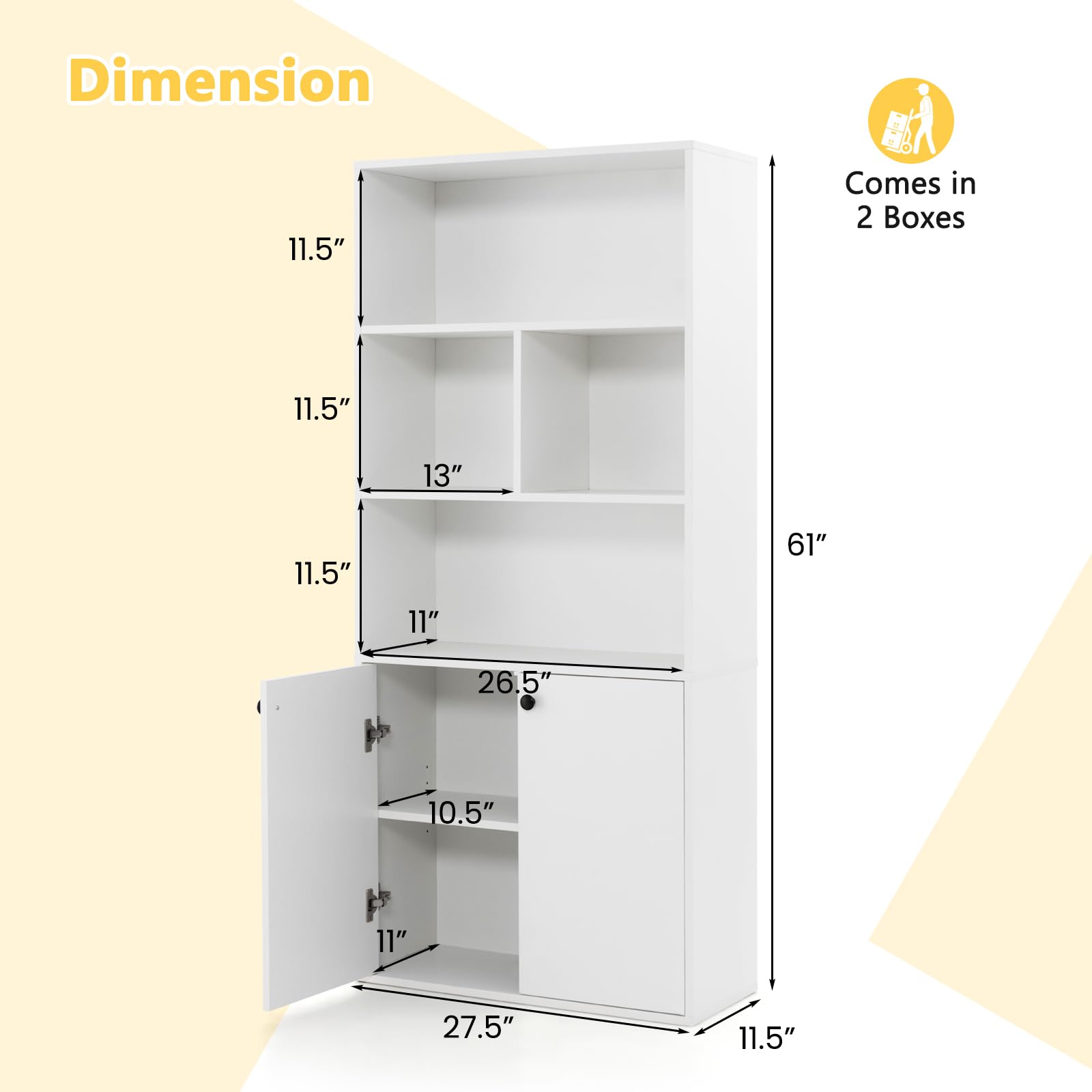 Giantex 3-Tier Bookcase with Doors, 61" Tall Bookshelf with 4 Open Cubes & Adjustable Shelf, White
