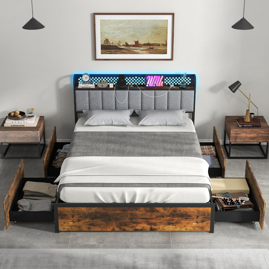 Giantex LED Bed Frame with Charging Station, Metal Platform Bed with Upholstered Headboard & 4 Storage Drawers