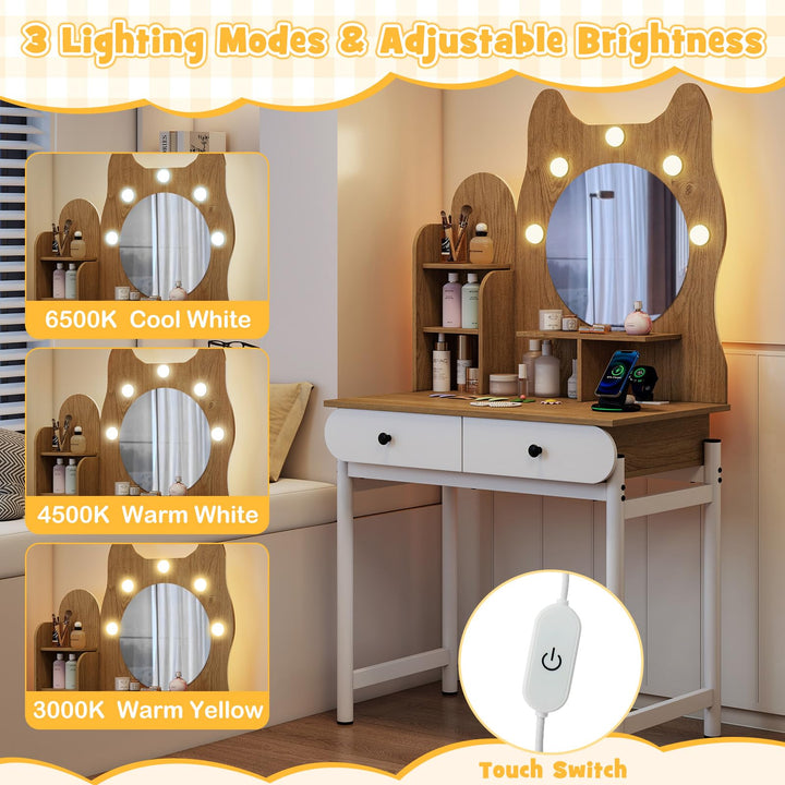 CHARMAID Small Vanity Desk with Mirror and Lights Cute Kitty Makeup Table with Power Outlets