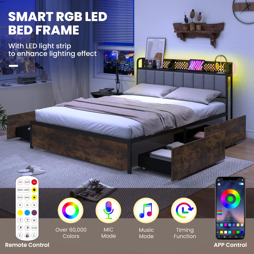 Giantex LED Bed Frame with Charging Station, Metal Platform Bed with Upholstered Headboard & 4 Storage Drawers