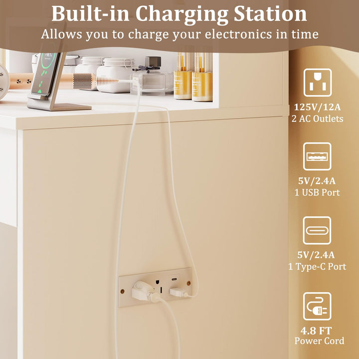 White Makeup Vanity Table with Charging Station