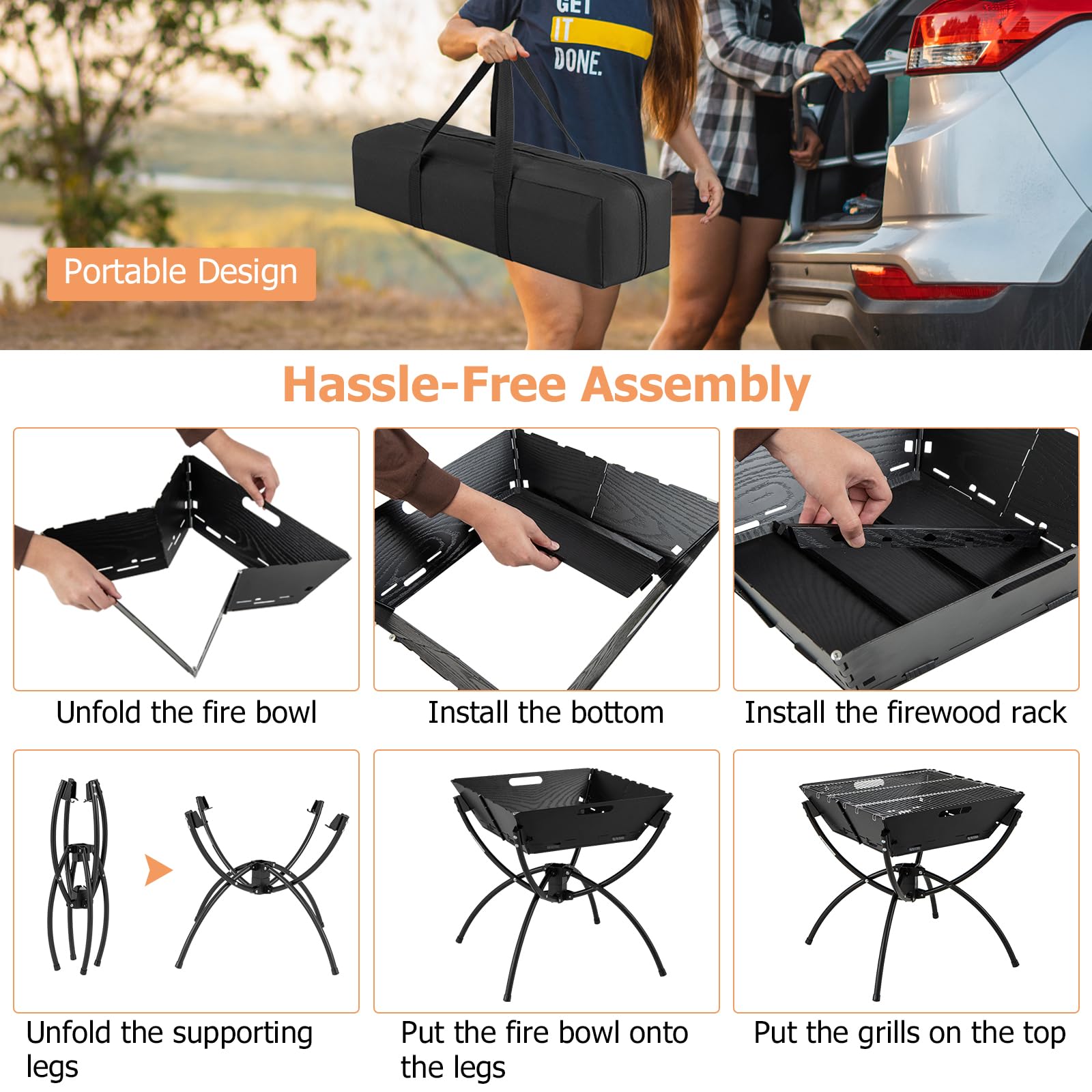 Giantex Folding Campfire Grill, Camping Fire Pit with Stainless Steel Grates, Collapsible Aluminum Legs, Carry Bag