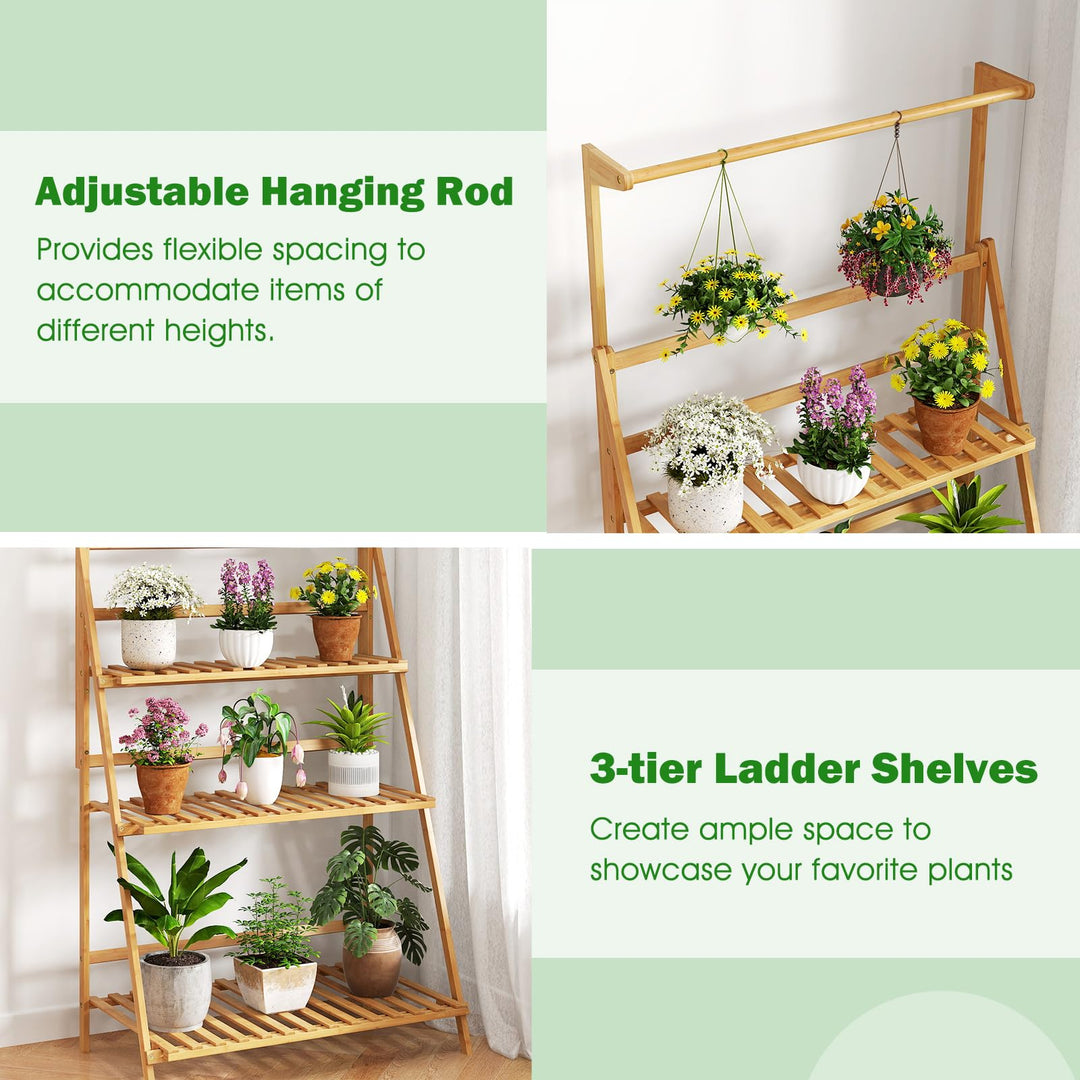Giantex Plant Stand Indoor Outdoor - Bamboo 3-Tier Hanging Tall Ladder Flower Pot Display Organizer Rack