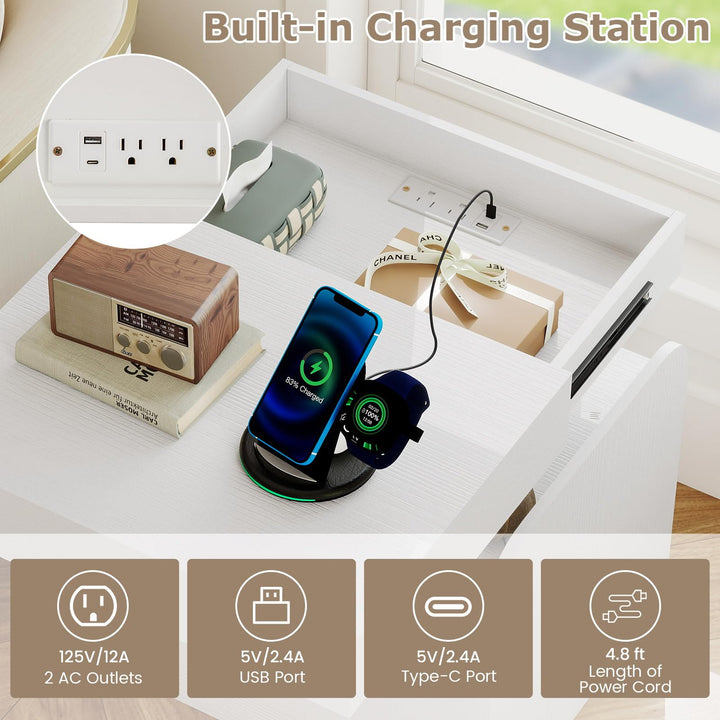 Giantex Nightstand with Charging Station Modern Bedside Table for Living Room Bedroom Office