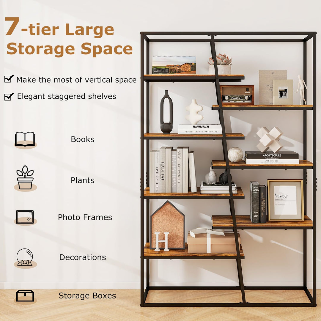 Giantex 7-Tier Industrial Bookshelf, Heavy-Duty Staggered Bookcase, Freestanding Display Storage Rack