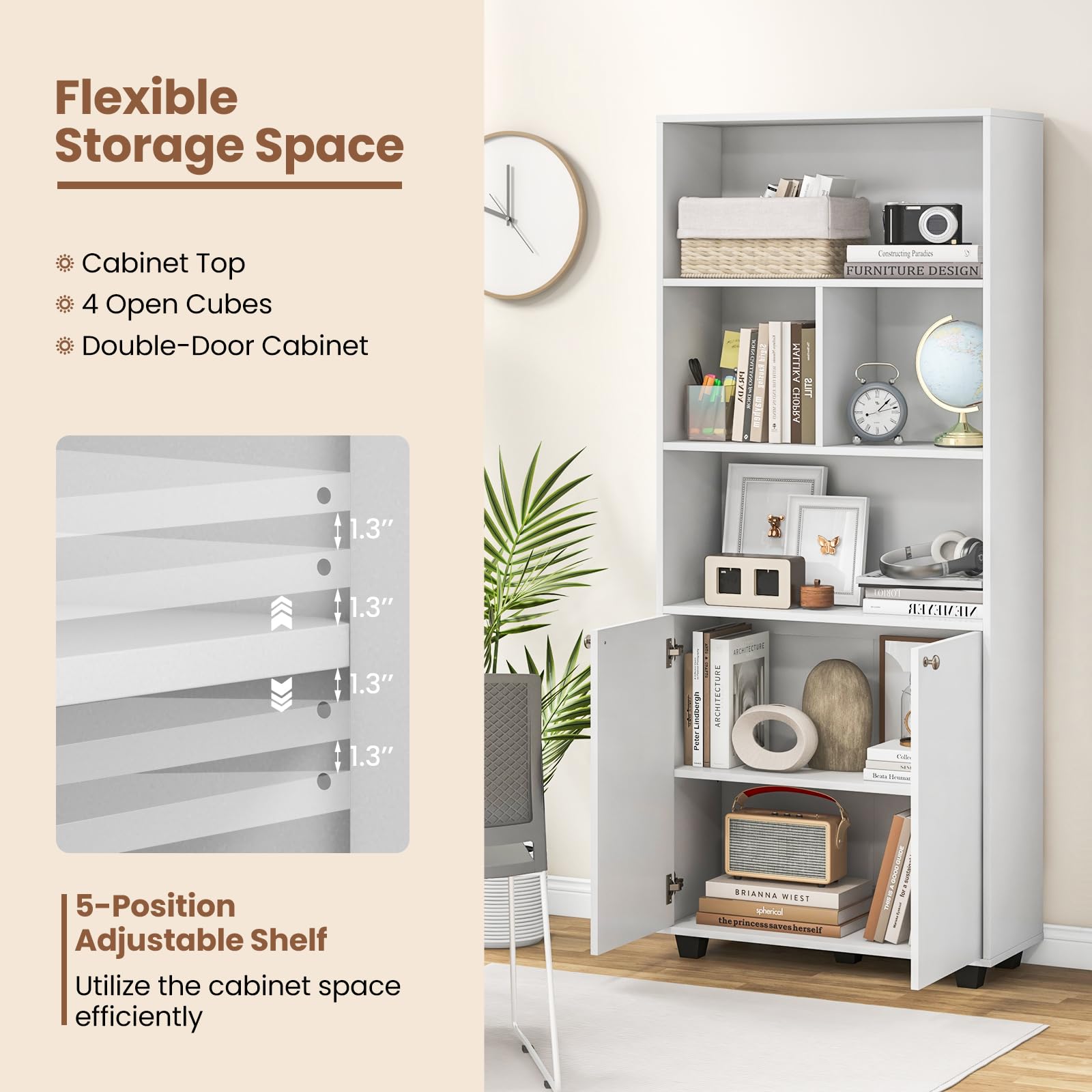 Giantex 66" Tall Bookcase with Doors, Wooden Bookshelf with Adjustable Shelf and 4 Storage Cubes