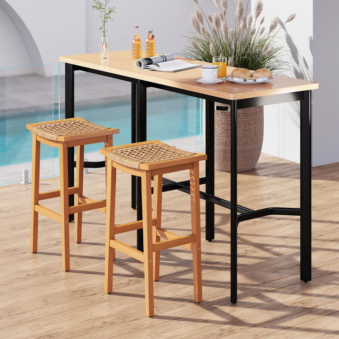 Giantex Outdoor Wooden 29" Bar Stools Set of 2/4 Backless Patio Barstools with PE Rattan Saddle Seat & Footrest