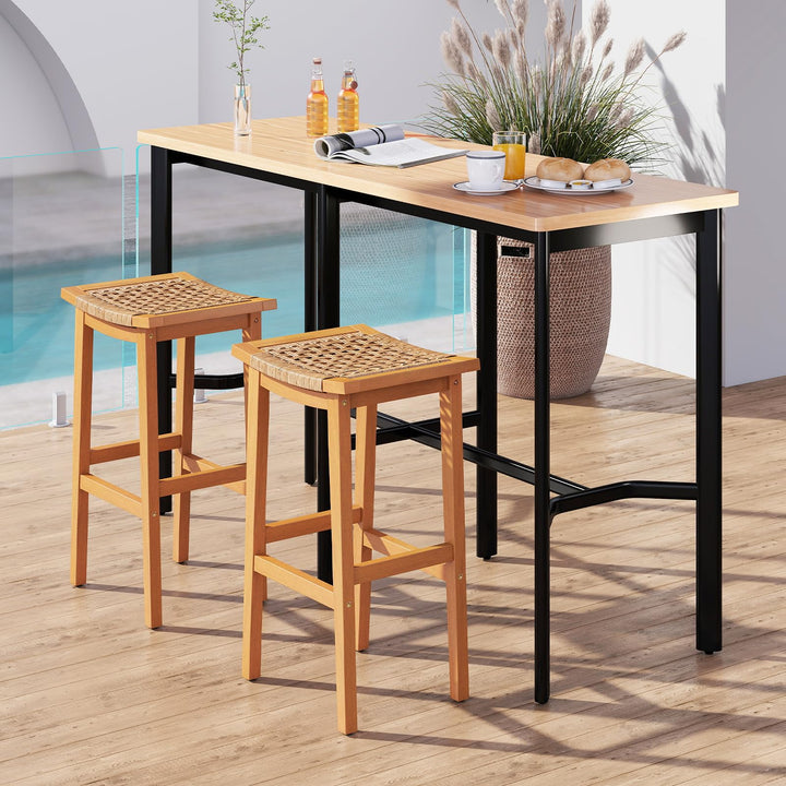 Giantex Outdoor Wooden 29" Bar Stools Set of 2/4 Backless Patio Barstools with PE Rattan Saddle Seat & Footrest