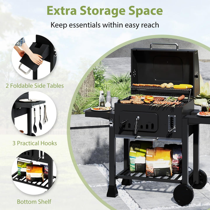 Giantex 24" Charcoal BBQ Grill with Adjustable Charcoal Tray Thermometer Foldable Side Tables