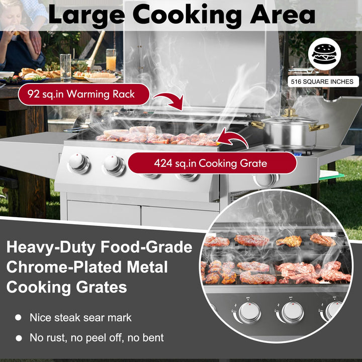 Giantex 4-Burner Propane Gas Grill with Side Burner Stainless Steel Outdoor BBQ Grill