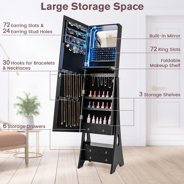 CHARMAID Jewelry Armoire with Full Length Door Mirror & Inside Lighted Vanity Mirror