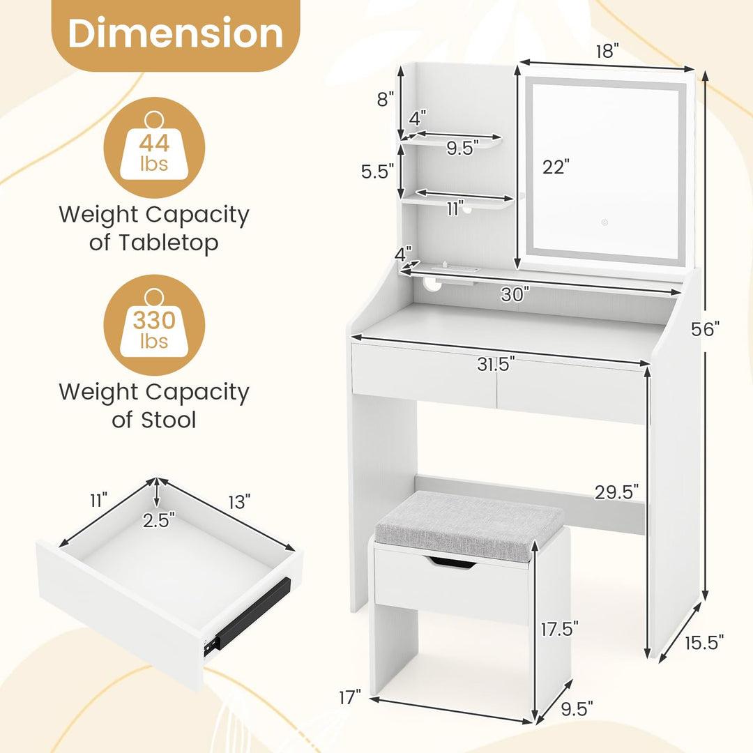 CHARMAID White Vanity Desk with LED Lighted Mirror