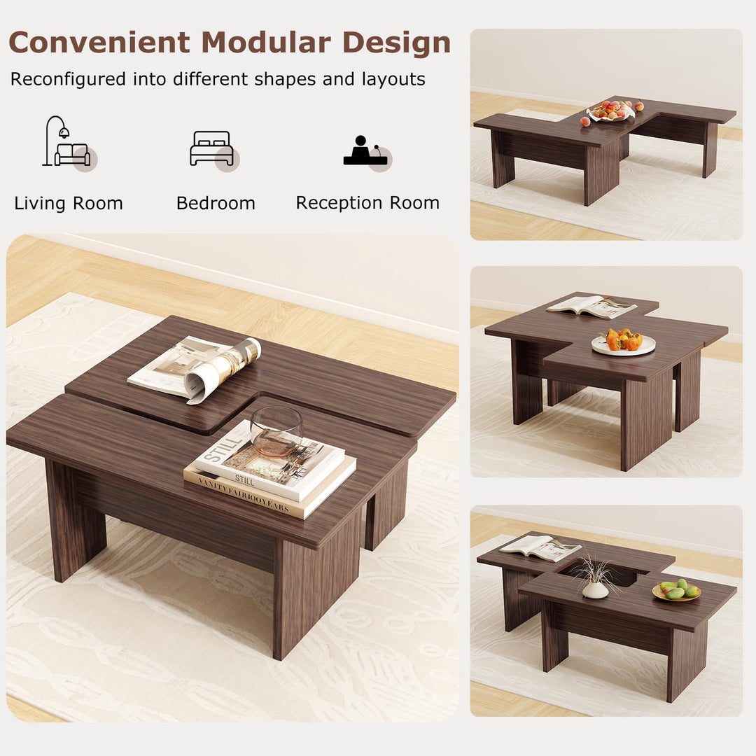 Giantex L-Shaped Coffee Table Set of 2 Modular Nesting Center Table with Grain Finish