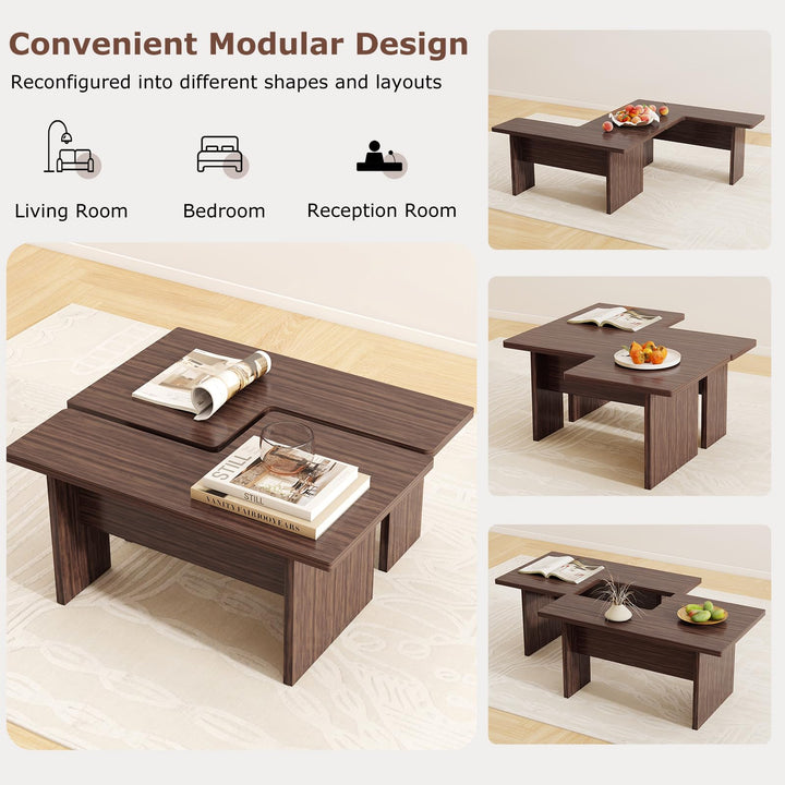 Giantex L-Shaped Coffee Table Set of 2 Modular Nesting Center Table with Grain Finish